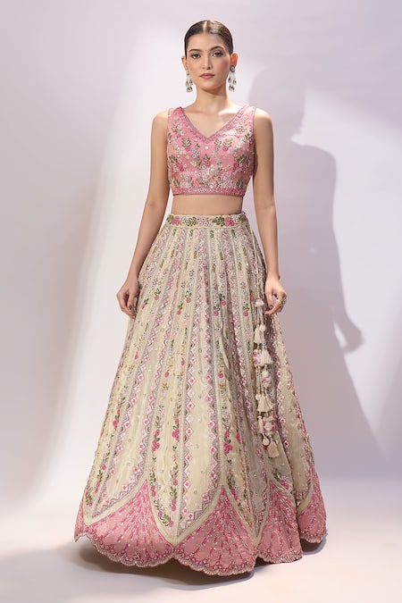 Samyukta Singhania_Cream Tissue Embroidery, Sequins, Stones, Beads V-neck Floral Hand Lehenga Set _Online_at_Aza_Fashions