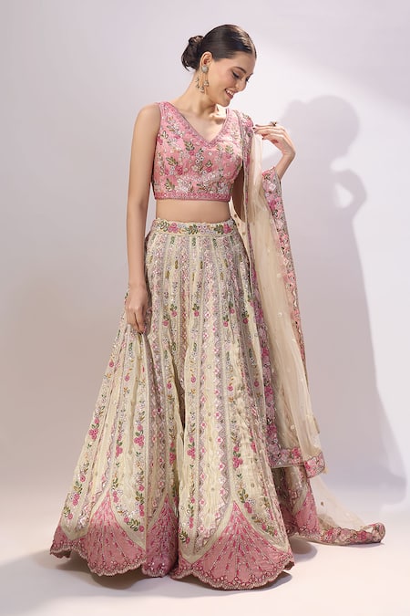 Buy_Samyukta Singhania_Cream Tissue Embroidery, Sequins, Stones, Beads V-neck Floral Hand Lehenga Set _Online_at_Aza_Fashions