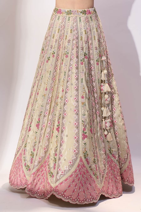 Shop_Samyukta Singhania_Cream Tissue Embroidery, Sequins, Stones, Beads V-neck Floral Hand Lehenga Set _Online_at_Aza_Fashions