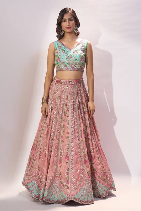 Samyukta Singhania_Pink Tissue, Net Embroidery, Sequins, Stones, Zari V-neck Lehenga Blouse Set _Online_at_Aza_Fashions