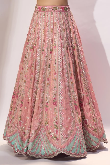 Shop_Samyukta Singhania_Pink Tissue, Net Embroidery, Sequins, Stones, Zari V-neck Lehenga Blouse Set _Online_at_Aza_Fashions