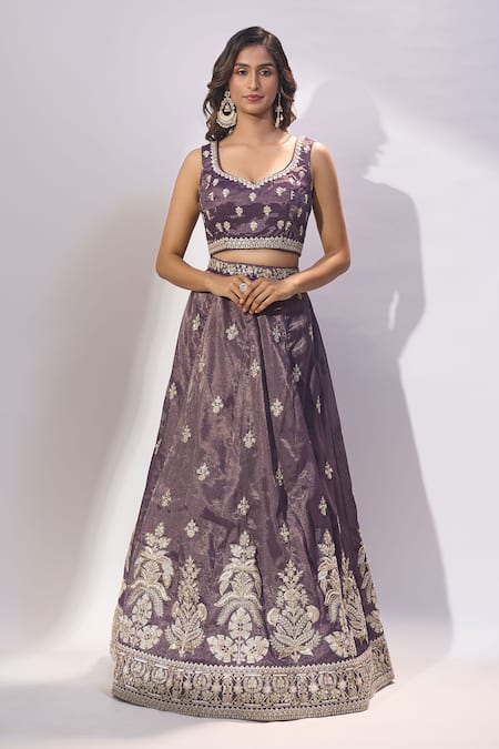 Samyukta Singhania Purple Tissue Embroidery, Zari, Sequins Sweetheart Neck Lehenga Blouse Set Online at Aza Fashions Samyukta Singhania_Purple Tissue Embroidery, Zari, Sequins Sweetheart Neck Lehenga Blouse Set _Online_at_Aza_Fashions