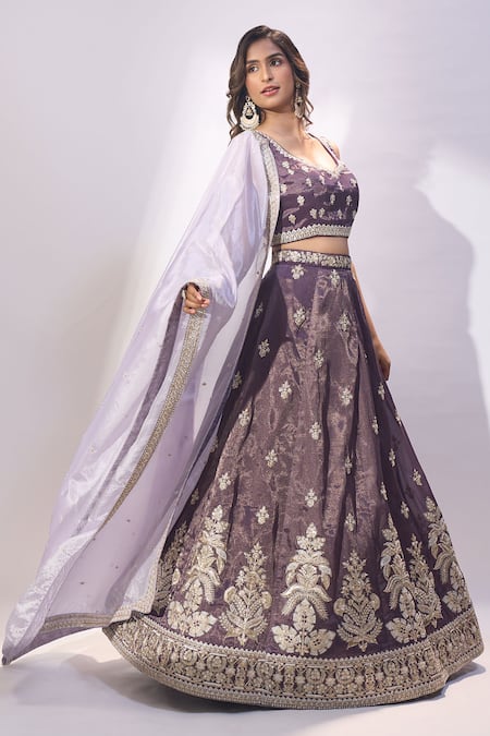 Samyukta Singhania Purple Tissue Embroidery, Zari, Sequins Sweetheart Neck Lehenga Blouse Set at Aza Fashions Samyukta Singhania_Purple Tissue Embroidery, Zari, Sequins Sweetheart Neck Lehenga Blouse Set _at_Aza_Fashions