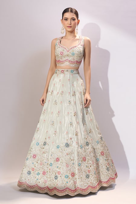 Samyukta Singhania_Cream Tissue Embroidery, Sequins, Stones Sweetheart Neck Lehenga Set _Online_at_Aza_Fashions