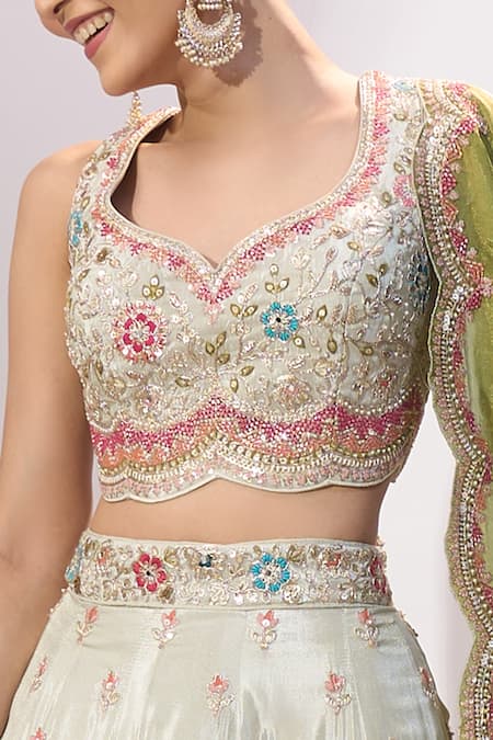 Buy_Samyukta Singhania_Cream Tissue Embroidery, Sequins, Stones Sweetheart Neck Lehenga Set _Online_at_Aza_Fashions