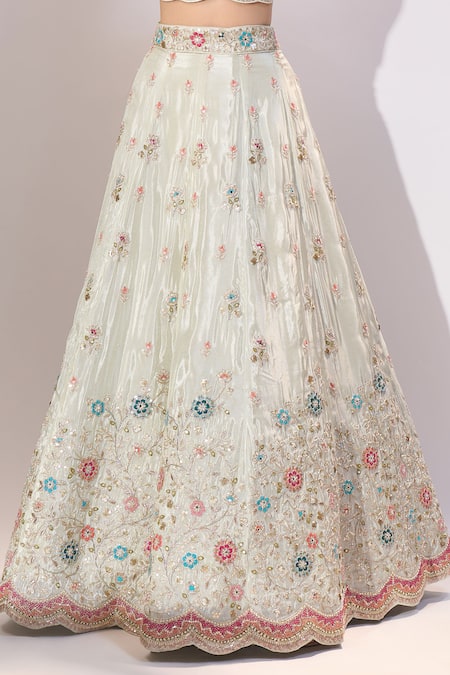 Samyukta Singhania_Cream Tissue Embroidery, Sequins, Stones Sweetheart Neck Lehenga Set _at_Aza_Fashions