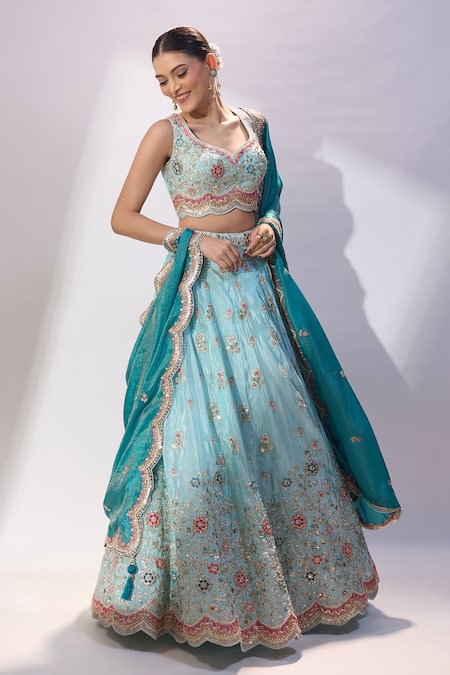 Buy_Samyukta Singhania_Sky Blue Tissue Embroidery, Sequins, Stones, Beads, Zari Floral Lehenga Set _Online_at_Aza_Fashions