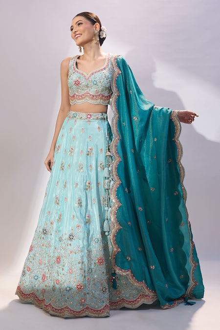 Shop_Samyukta Singhania_Sky Blue Tissue Embroidery, Sequins, Stones, Beads, Zari Floral Lehenga Set _Online_at_Aza_Fashions