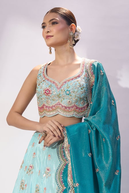 Samyukta Singhania_Sky Blue Tissue Embroidery, Sequins, Stones, Beads, Zari Floral Lehenga Set _at_Aza_Fashions