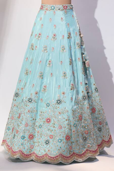 Buy_Samyukta Singhania_Sky Blue Tissue Embroidery, Sequins, Stones, Beads, Zari Floral Lehenga Set 