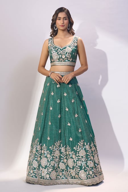 Samyukta Singhania_Green Tissue Embroidery, Sequins, Zari, Stones Sweetheart Neck Lehenga Set _Online_at_Aza_Fashions