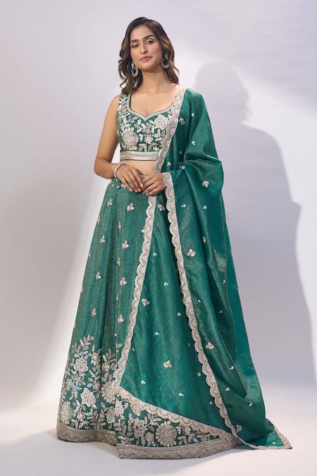 Buy_Samyukta Singhania_Green Tissue Embroidery, Sequins, Zari, Stones Sweetheart Neck Lehenga Set _Online_at_Aza_Fashions