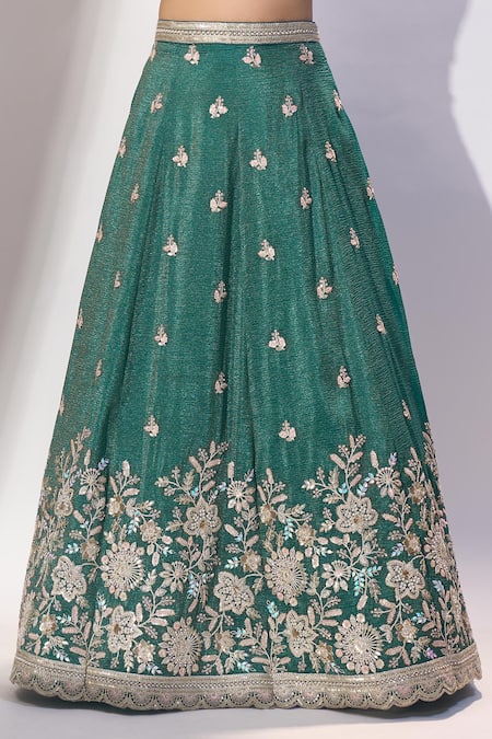 Buy_Samyukta Singhania_Green Tissue Embroidery, Sequins, Zari, Stones Sweetheart Neck Lehenga Set 