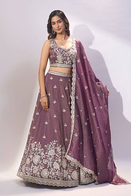Buy_Samyukta Singhania_Purple Tissue Embroidery, Sequins, Zari, Stones Sweetheart Neck Lehenga Set _Online_at_Aza_Fashions
