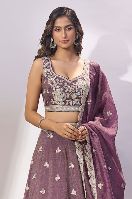 Shop_Samyukta Singhania_Purple Tissue Embroidery, Sequins, Zari, Stones Sweetheart Neck Lehenga Set _Online_at_Aza_Fashions
