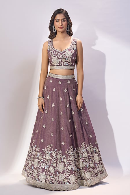 Samyukta Singhania_Purple Tissue Embroidery, Sequins, Zari, Stones Sweetheart Neck Lehenga Set _at_Aza_Fashions