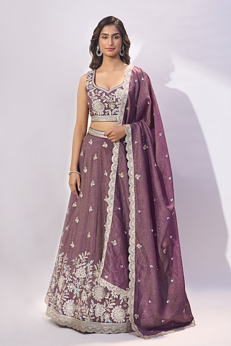 Buy_Samyukta Singhania_Purple Tissue Embroidery, Sequins, Zari, Stones Sweetheart Neck Lehenga Set 