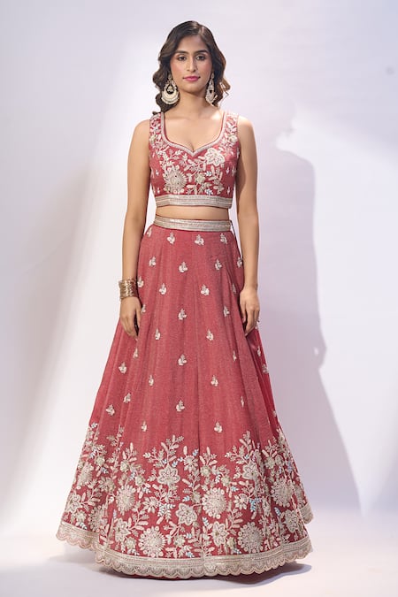 Samyukta Singhania_Rose Gold Tissue Embroidery, Sequins, Stones Sweetheart Neck Floral Lehenga Set _Online_at_Aza_Fashions