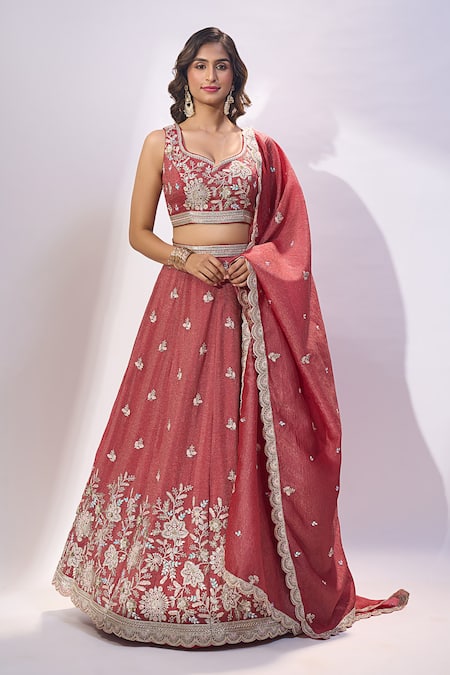 Buy_Samyukta Singhania_Rose Gold Tissue Embroidery, Sequins, Stones Sweetheart Neck Floral Lehenga Set _Online_at_Aza_Fashions