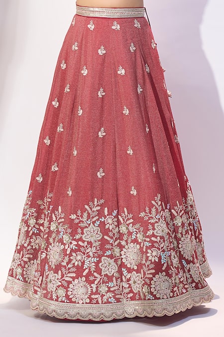 Shop_Samyukta Singhania_Rose Gold Tissue Embroidery, Sequins, Stones Sweetheart Neck Floral Lehenga Set _Online_at_Aza_Fashions