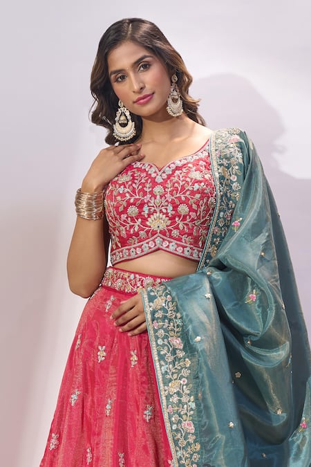 Samyukta Singhania Pink Silk Embroidery, Sequins, Zari, Stones V-neck, Square Butti Lehenga Set Online at Aza Fashions Samyukta Singhania_Pink Silk Embroidery, Sequins, Zari, Stones V-neck, Square Butti Lehenga Set _Online_at_Aza_Fashions