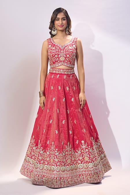 Buy Samyukta Singhania Pink Silk Embroidery, Sequins, Zari, Stones V-neck, Square Butti Lehenga Set Online at Aza Fashions Buy_Samyukta Singhania_Pink Silk Embroidery, Sequins, Zari, Stones V-neck, Square Butti Lehenga Set _Online_at_Aza_Fashions