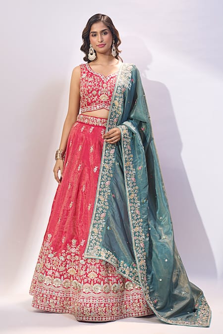 Shop Samyukta Singhania Pink Silk Embroidery, Sequins, Zari, Stones V-neck, Square Butti Lehenga Set Online at Aza Fashions Shop_Samyukta Singhania_Pink Silk Embroidery, Sequins, Zari, Stones V-neck, Square Butti Lehenga Set _Online_at_Aza_Fashions