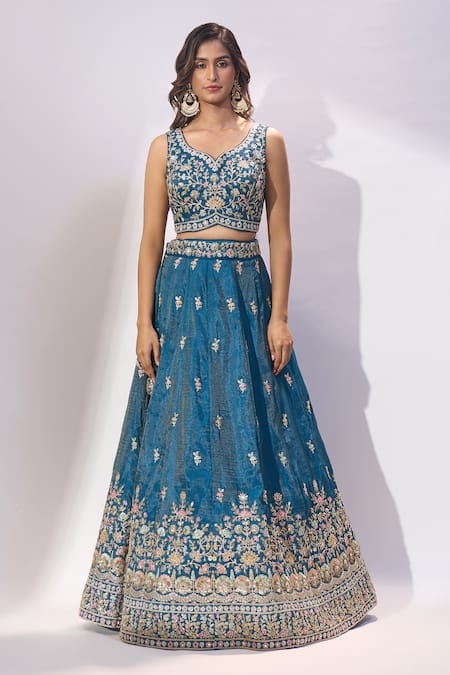 Samyukta Singhania_Teal Silk Embroidery, Sequins, Zari V-neck Lehenga Set _Online_at_Aza_Fashions