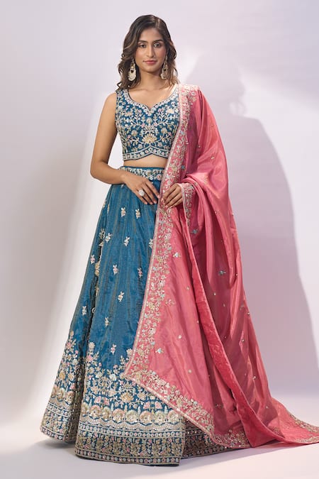 Shop_Samyukta Singhania_Teal Silk Embroidery, Sequins, Zari V-neck Lehenga Set _Online_at_Aza_Fashions