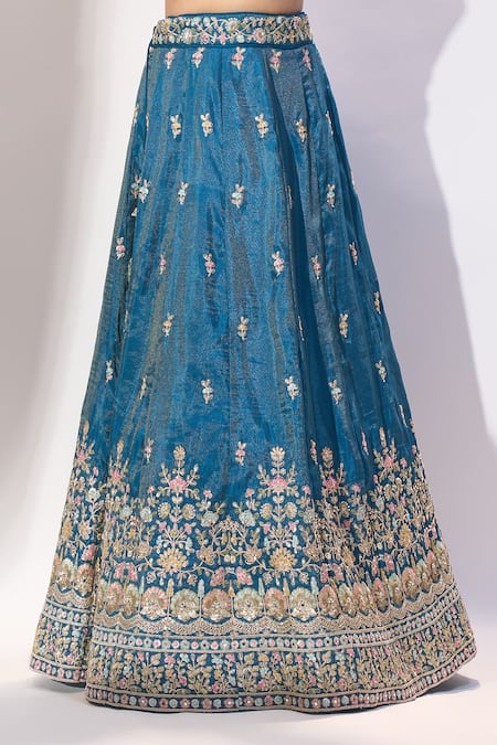 Samyukta Singhania_Teal Silk Embroidery, Sequins, Zari V-neck Lehenga Set _at_Aza_Fashions