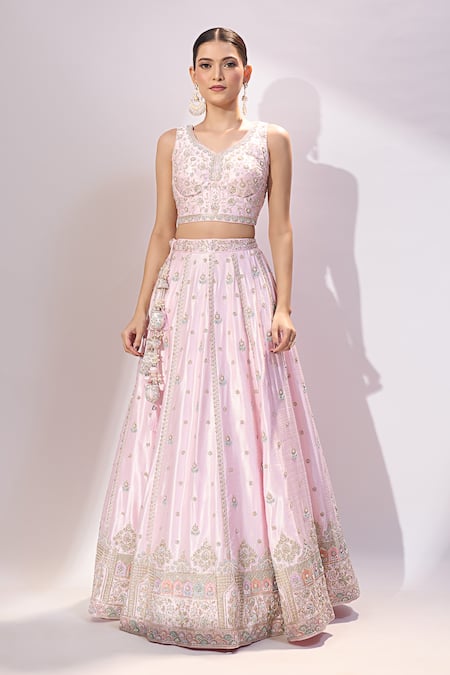 Buy Samyukta Singhania Pink Silk Embroidery, Sequins, Metallic Thread V-, Square Lehenga Set Online at Aza Fashions Buy_Samyukta Singhania_Pink Silk Embroidery, Sequins, Metallic Thread V-, Square Lehenga Set _Online_at_Aza_Fashions