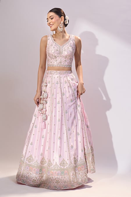 Shop Samyukta Singhania Pink Silk Embroidery, Sequins, Metallic Thread V-, Square Lehenga Set Online at Aza Fashions Shop_Samyukta Singhania_Pink Silk Embroidery, Sequins, Metallic Thread V-, Square Lehenga Set _Online_at_Aza_Fashions