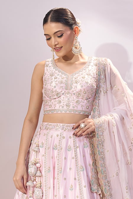 Samyukta Singhania Pink Silk Embroidery, Sequins, Metallic Thread V-, Square Lehenga Set at Aza Fashions Samyukta Singhania_Pink Silk Embroidery, Sequins, Metallic Thread V-, Square Lehenga Set _at_Aza_Fashions