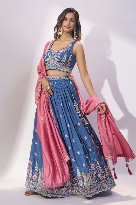 Samyukta Singhania_Blue Silk Embroidery, Sequins, Mirrors V-neck Lehenga Blouse Set _Online_at_Aza_Fashions