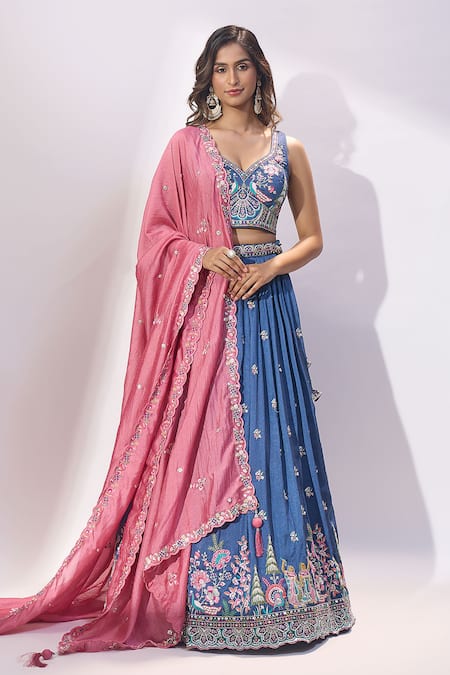 Buy_Samyukta Singhania_Blue Silk Embroidery, Sequins, Mirrors V-neck Lehenga Blouse Set _Online_at_Aza_Fashions