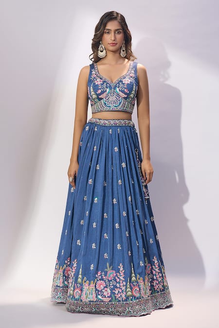 Shop_Samyukta Singhania_Blue Silk Embroidery, Sequins, Mirrors V-neck Lehenga Blouse Set _Online_at_Aza_Fashions