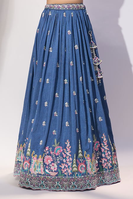 Buy_Samyukta Singhania_Blue Silk Embroidery, Sequins, Mirrors V-neck Lehenga Blouse Set 