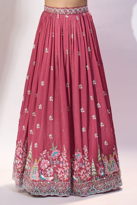 Shop_Samyukta Singhania_Rose Gold Silk Embroidery, Sequins, Beads, Tassels V-neck Lehenga Set _Online_at_Aza_Fashions