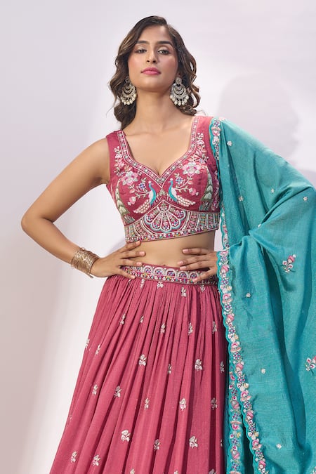 Samyukta Singhania_Rose Gold Silk Embroidery, Sequins, Beads, Tassels V-neck Lehenga Set _at_Aza_Fashions
