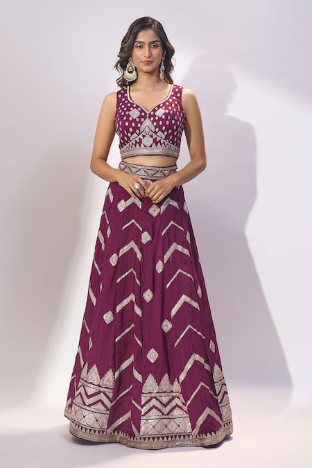 Samyukta Singhania Burgundy Silk Embroidery, Zari, Sequins, Metallic Thread V-neck Lehenga Set Online at Aza Fashions Samyukta Singhania_Burgundy Silk Embroidery, Zari, Sequins, Metallic Thread V-neck Lehenga Set _Online_at_Aza_Fashions
