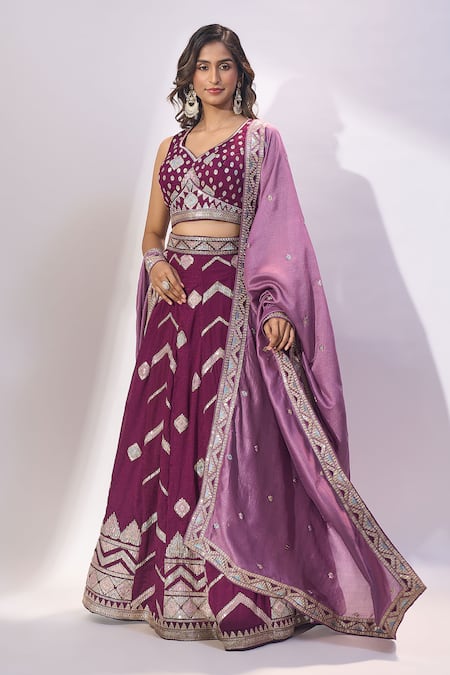 Buy Samyukta Singhania Burgundy Silk Embroidery, Zari, Sequins, Metallic Thread V-neck Lehenga Set Online at Aza Fashions Buy_Samyukta Singhania_Burgundy Silk Embroidery, Zari, Sequins, Metallic Thread V-neck Lehenga Set _Online_at_Aza_Fashions