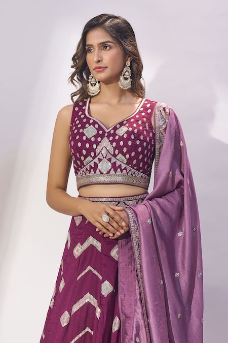 Shop Samyukta Singhania Burgundy Silk Embroidery, Zari, Sequins, Metallic Thread V-neck Lehenga Set Online at Aza Fashions Shop_Samyukta Singhania_Burgundy Silk Embroidery, Zari, Sequins, Metallic Thread V-neck Lehenga Set _Online_at_Aza_Fashions