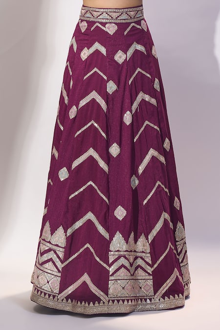 Samyukta Singhania Burgundy Silk Embroidery, Zari, Sequins, Metallic Thread V-neck Lehenga Set at Aza Fashions Samyukta Singhania_Burgundy Silk Embroidery, Zari, Sequins, Metallic Thread V-neck Lehenga Set _at_Aza_Fashions