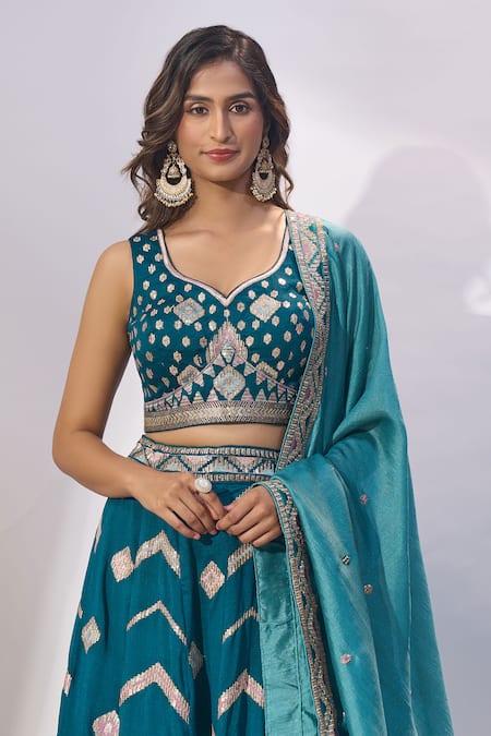Samyukta Singhania_Teal Silk Embroidery, Sequins, Zari Sweetheart Neck, Lehenga Blouse Set _Online_at_Aza_Fashions