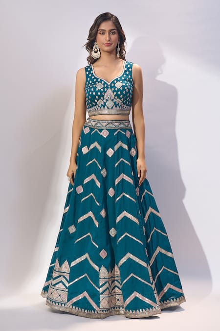 Buy_Samyukta Singhania_Teal Silk Embroidery, Sequins, Zari Sweetheart Neck, Lehenga Blouse Set _Online_at_Aza_Fashions