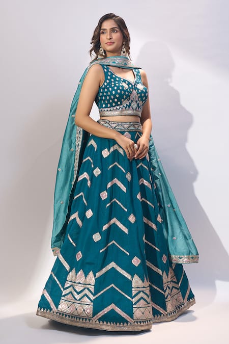 Shop_Samyukta Singhania_Teal Silk Embroidery, Sequins, Zari Sweetheart Neck, Lehenga Blouse Set _Online_at_Aza_Fashions