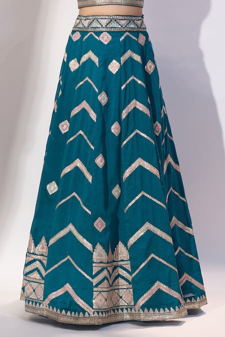 Buy_Samyukta Singhania_Teal Silk Embroidery, Sequins, Zari Sweetheart Neck, Lehenga Blouse Set 