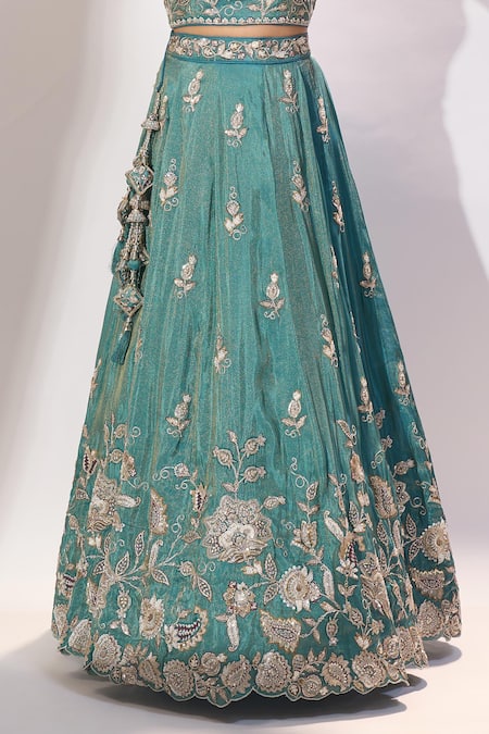 Buy_Samyukta Singhania_Green Tissue Embroidery, Zari, Sequins Sweetheart Neck Floral Lehenga Set _Online_at_Aza_Fashions