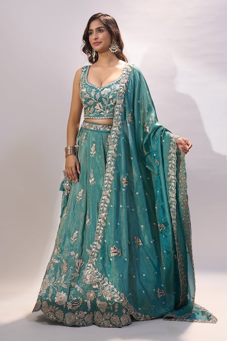 Shop_Samyukta Singhania_Green Tissue Embroidery, Zari, Sequins Sweetheart Neck Floral Lehenga Set _Online_at_Aza_Fashions