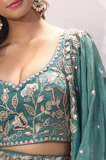 Buy_Samyukta Singhania_Green Tissue Embroidery, Zari, Sequins Sweetheart Neck Floral Lehenga Set 